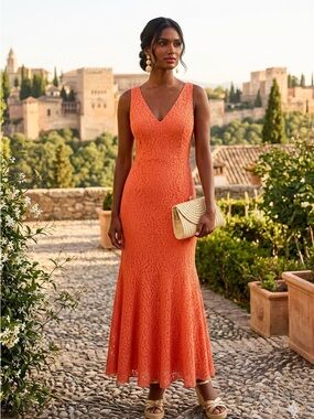 Enfocus Studio coral lace, sleeveless, V neck, fishtail dress.  Super cute sz 10